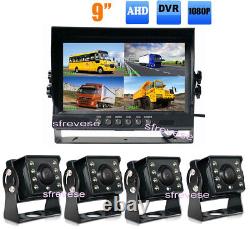 9 IPS 4CH Split Monitor+ 4 x 4Pin AHD 1080P Car Rear View Backup Camera SD DVR