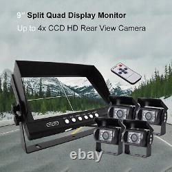 9 Quad Monitor 4 CCD Rear View Reversing Camera Backup for Bus Truck RV Trailer