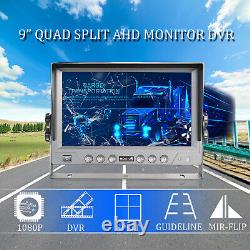 9 Quad Monitor DVR 4CH HD Rear Side View Camera For RV Truck Trailer Caravan
