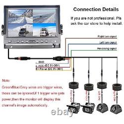 9 Quad Monitor DVR 4CH HD Rear Side View Camera For RV Truck Trailer Caravan