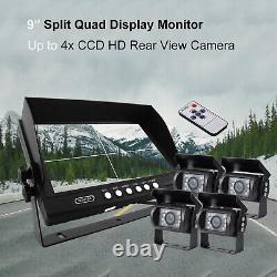 9 Quad Split Monitor 4x CCD Rear View Camera 12-24V Truck RV Trailer Reversing