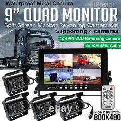 9 Quad Split Screen Rear View Monitor 4PIN Reverse Camera System Truck Trailer