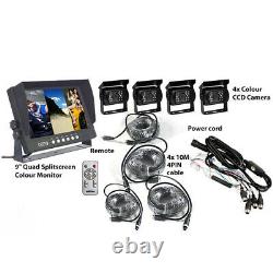 9 Quad Split Screen Rear View Monitor 4PIN Reverse Camera System Truck Trailer